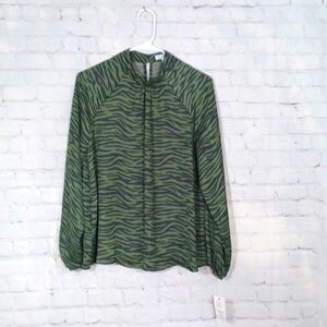 Ophelia Roe Womans Silky Long Sleeves Green Black Stripped‎ Blouse M